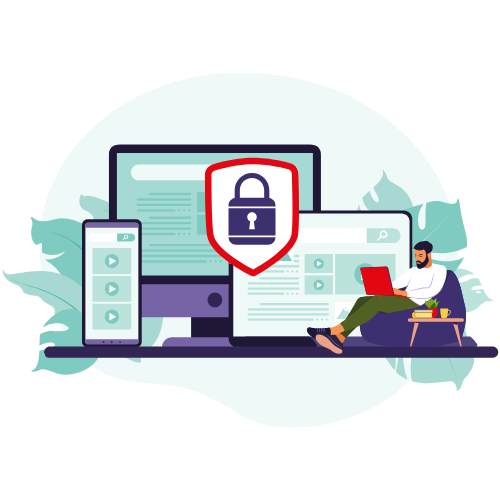 Devices protected by a security shield showing Syncrofin's privacy-focused finance app with no bank access